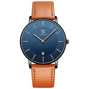 L LAVAREDO Ulta-Thin Blue Dial Watch with Tan Leather Strap - NEW